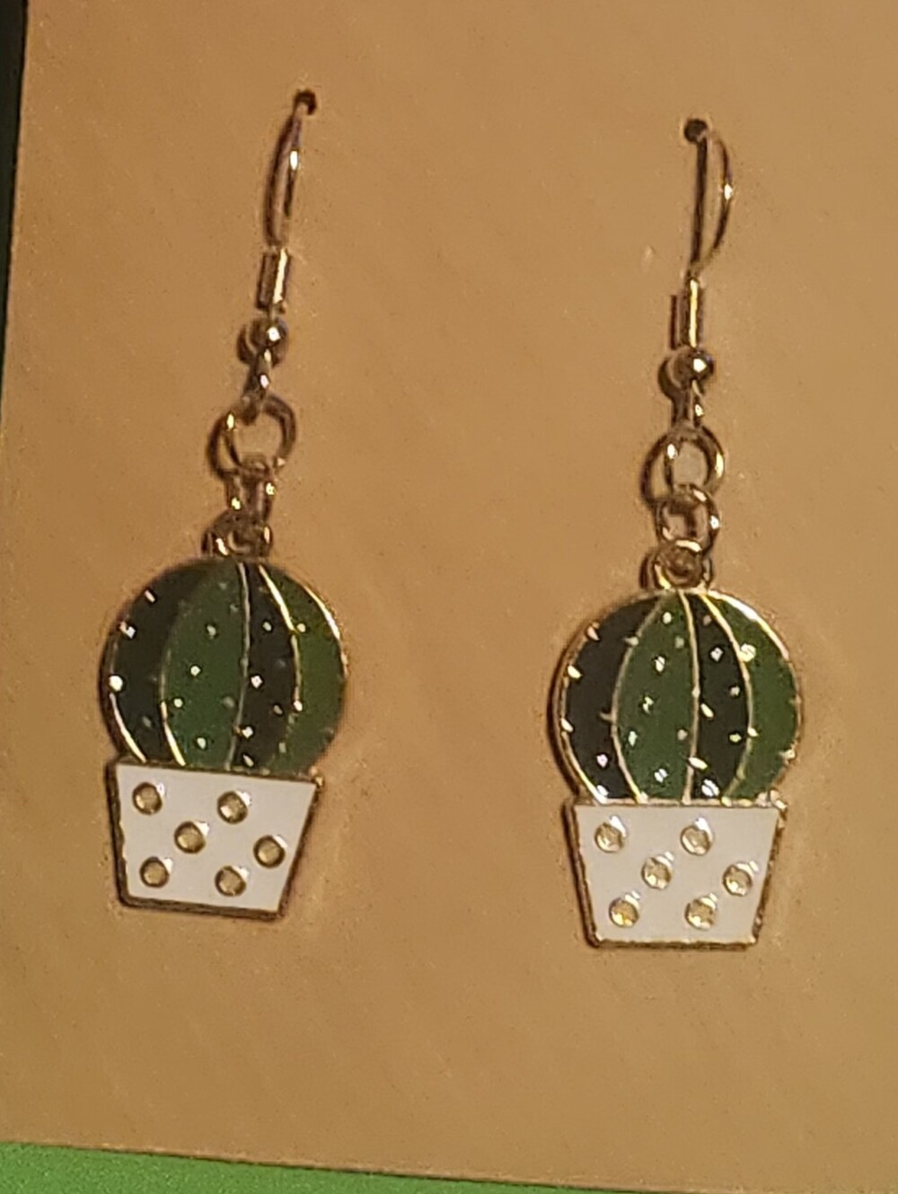 Cactus Enamel Drop Earrings - Green & White